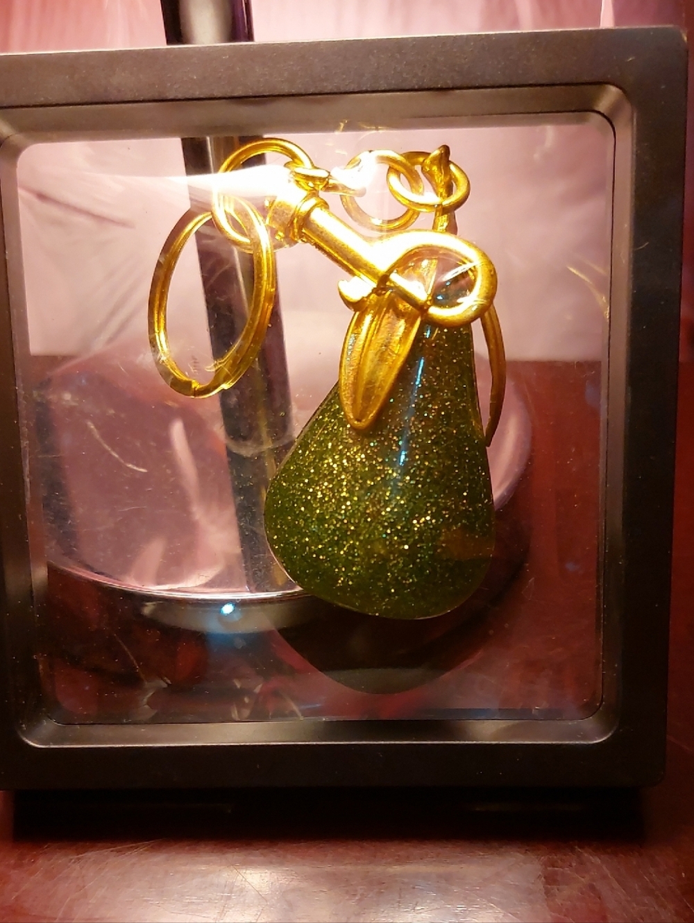 Gold-Tone Coach-Like Keychain Charm with Green Glitter Pear
